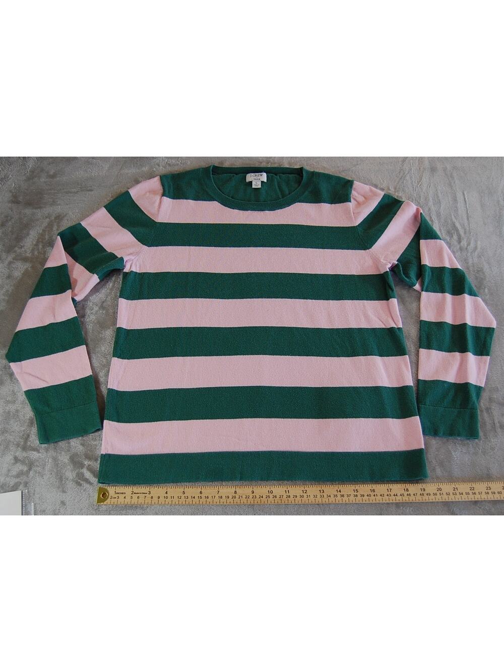 J. Crew Teddy Sweater Y2K Stripe Women's Size L Green Pink Preppy Academia VTG